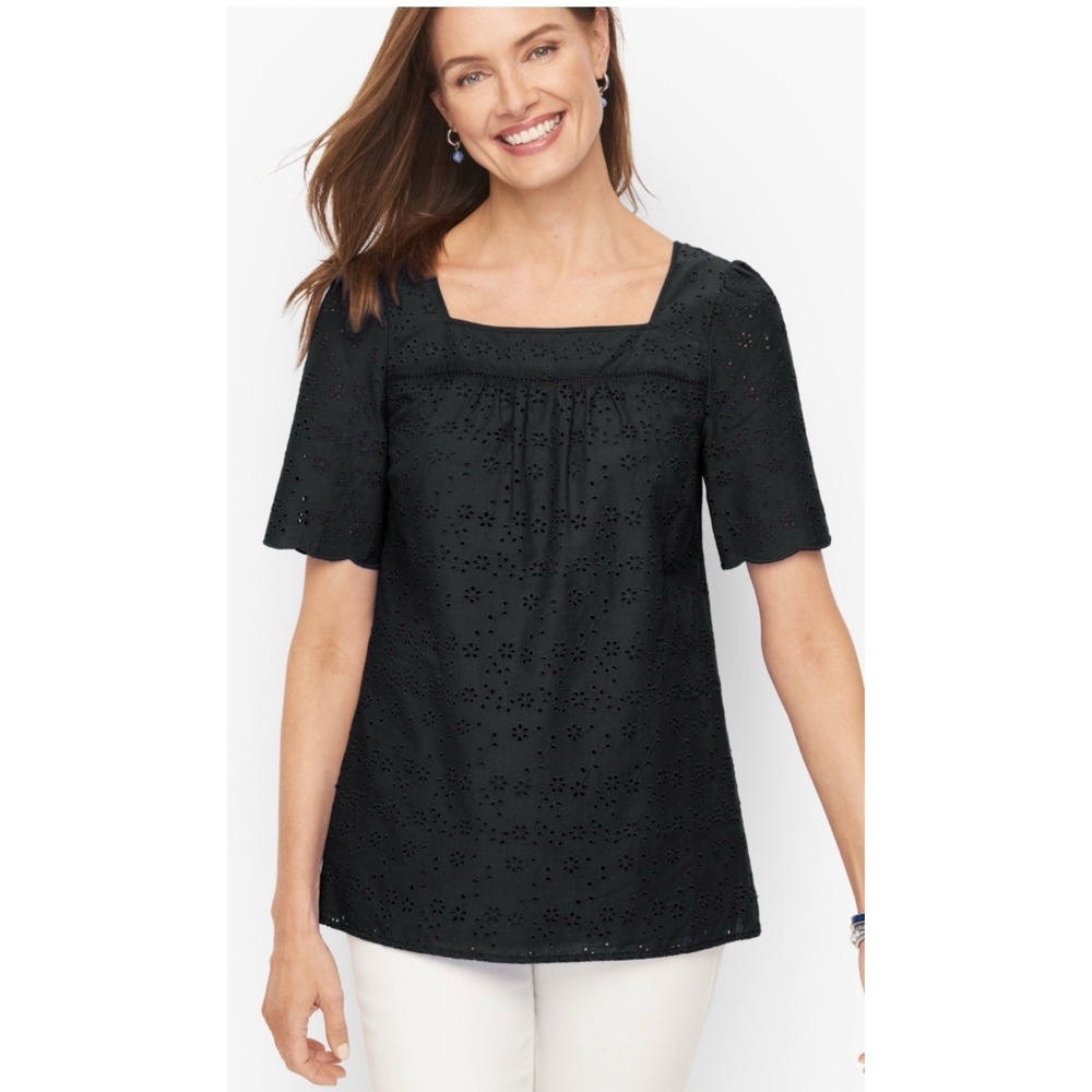 Talbots Floral Eyelet Square Neck Black Top Blouse XL Feminine Preppy
